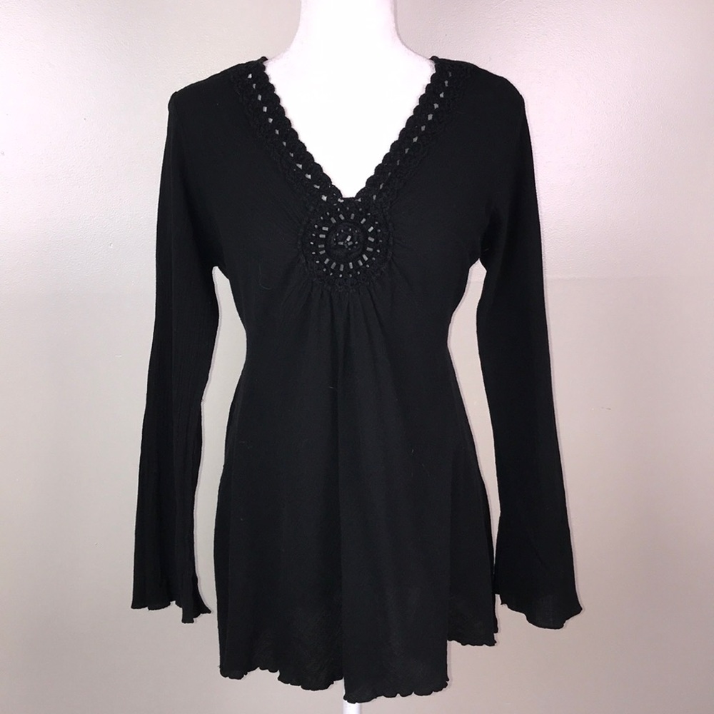 NO BOUNDARIES Boho Long Sleeve V Neck Black Top